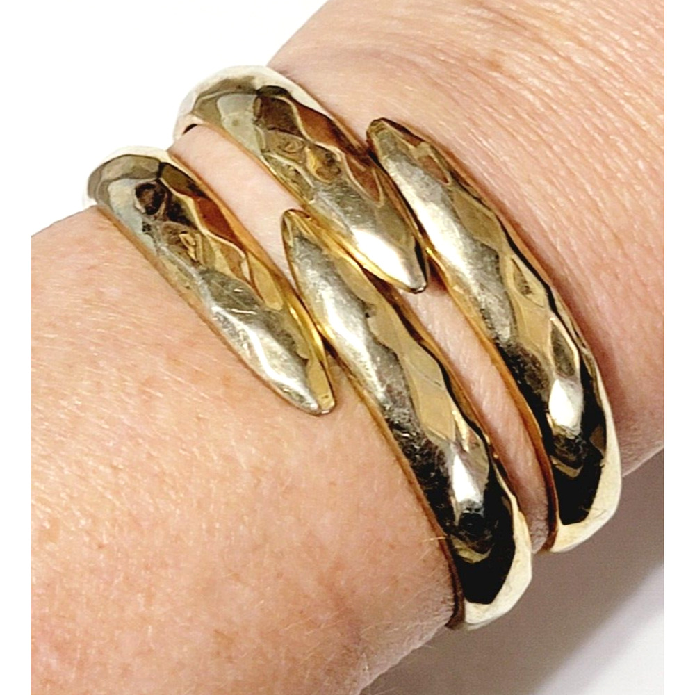 Vintage Gold Bracelet Hammered Modernist Hinged Clamper Bangle Bypass Jewelry